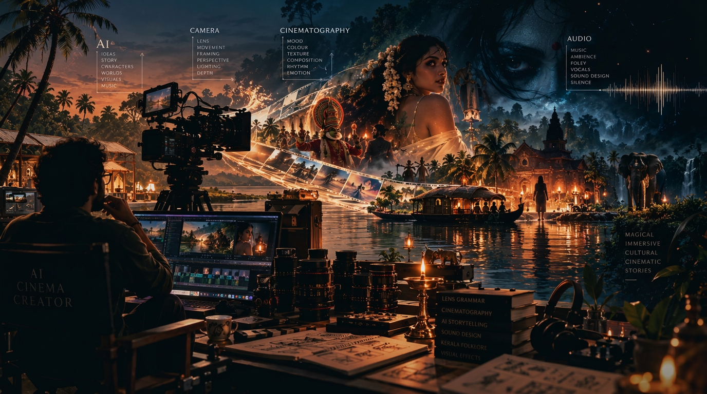 A cinematic lens built from slate geometric matrices projecting a Kerala backwaters scene