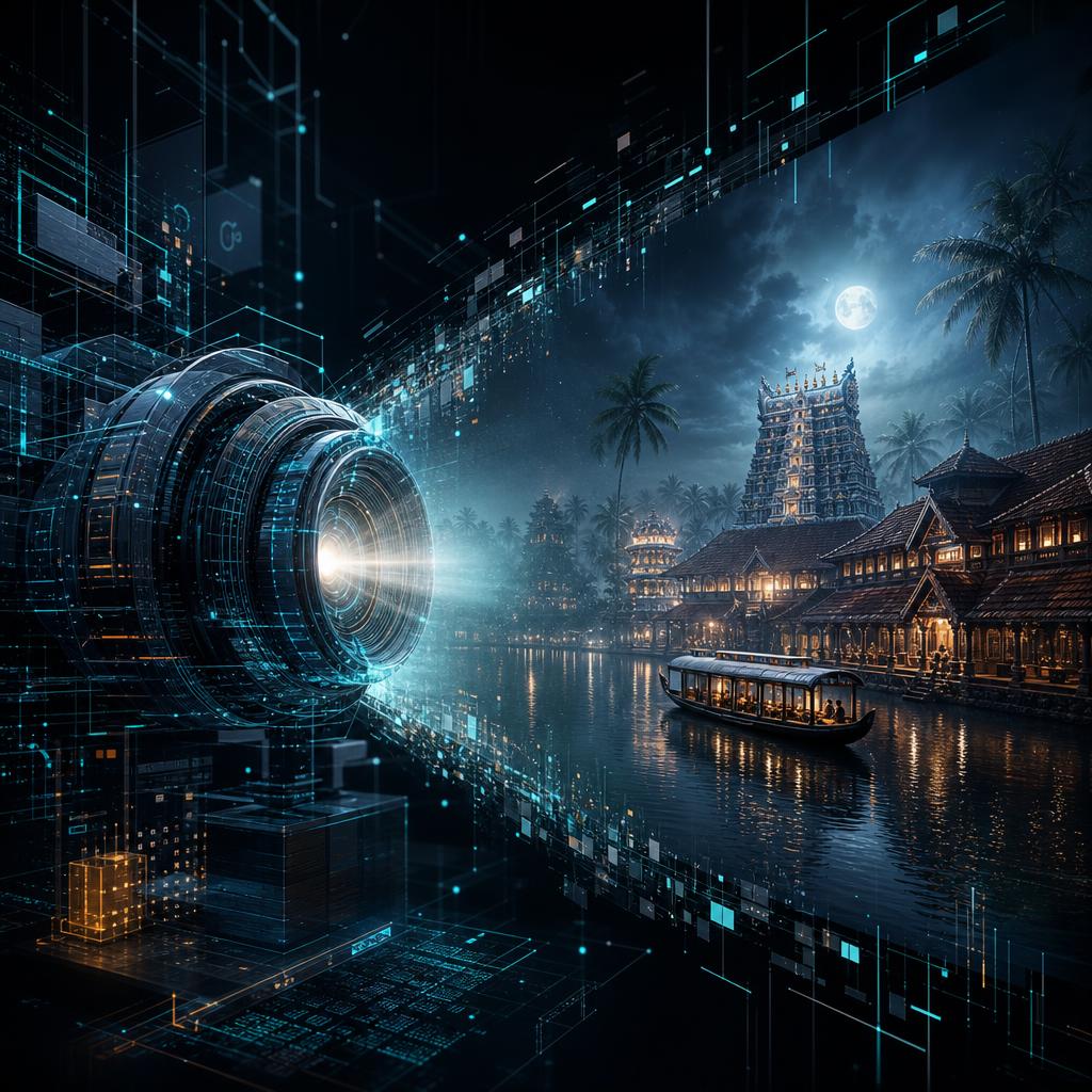 A cinematic lens built from slate geometric matrices projecting a Kerala backwaters scene