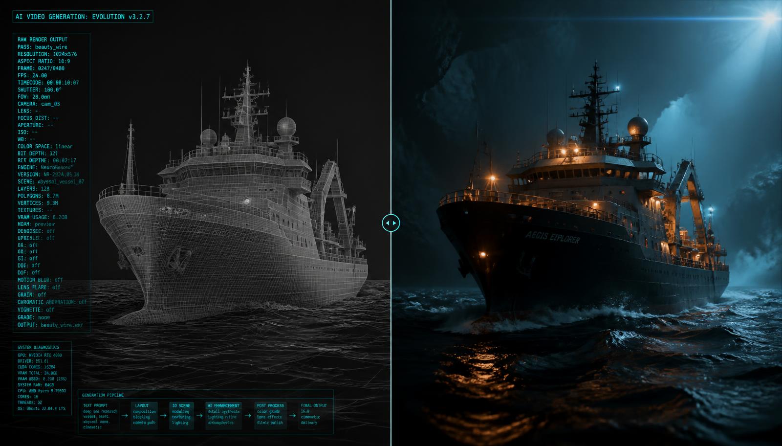 Split comparison of a raw wireframe generation pass and the final color-graded cinematic frame