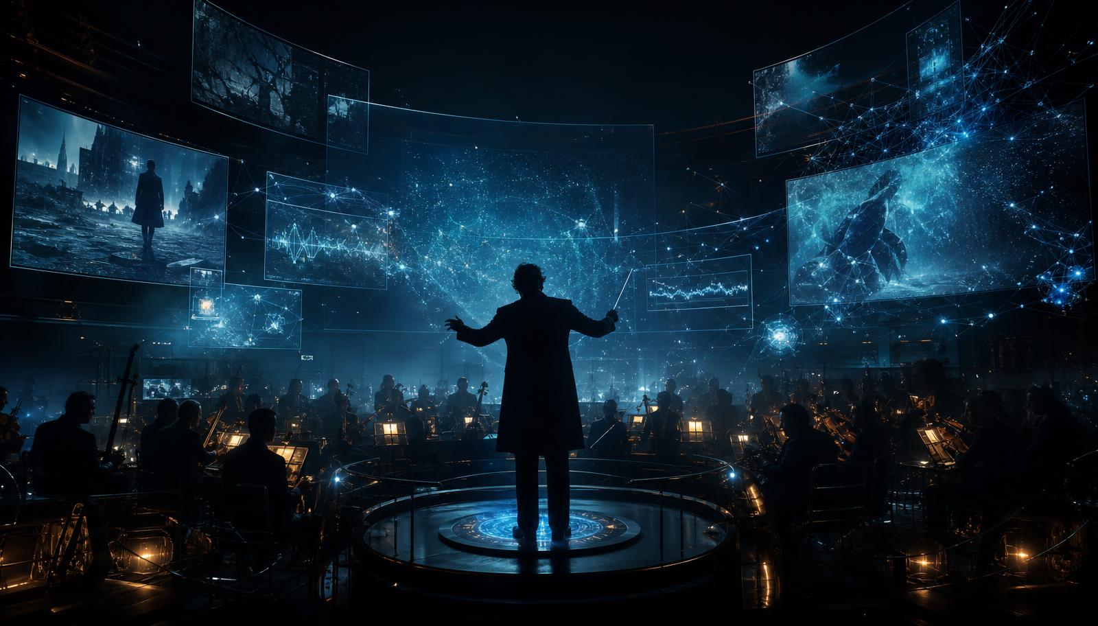 A conductor silhouetted against holographic film frames and generative neural patterns