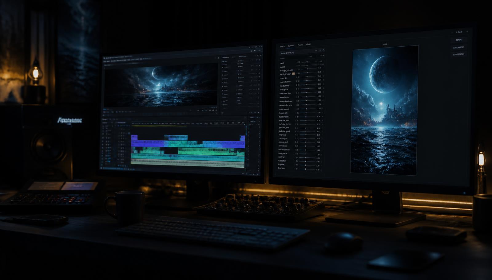 Dual-monitor generation and edit suite running prompt parameters and a vertical render