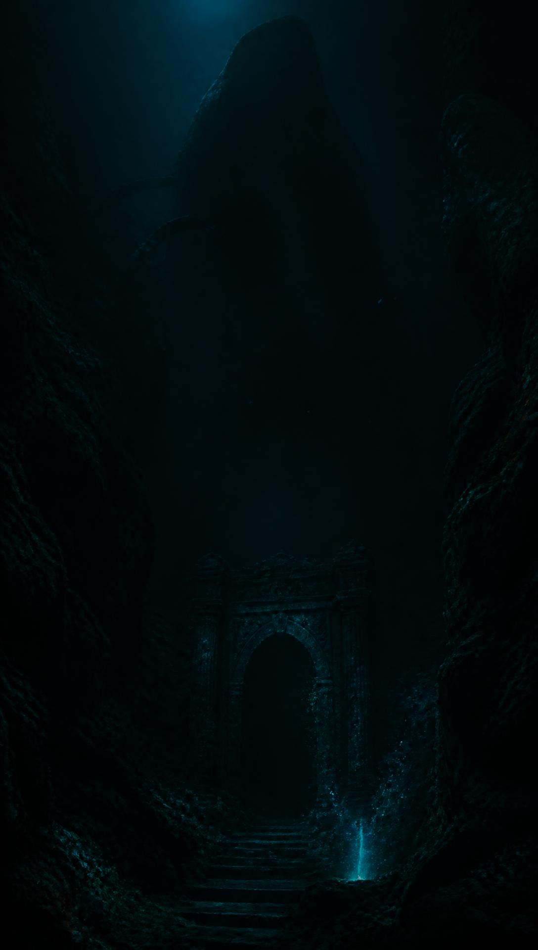 SIMHIKA key art — submerged temple archway in the abyss